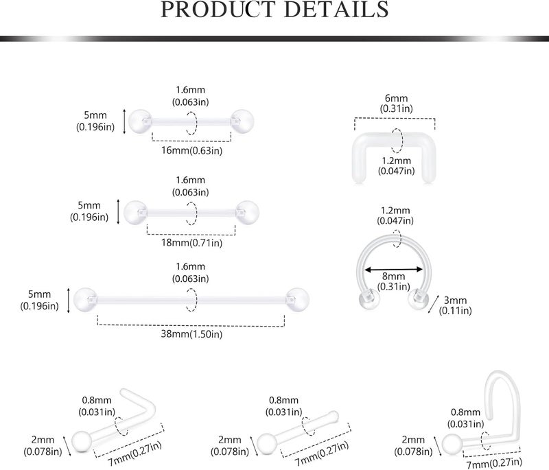 AVYRING Clear Piercing Jewelry Plastic Nose Rings for Surgery Septum Retainer Nose Studs lip Tongue Ear Clear Nose Rings for Work Nipple Rings Horseshoe Cartilage Rook Daith Earrings Plastic Industrial Piercing Retainers - Image 2